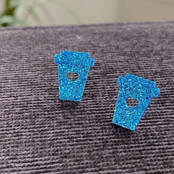 Sparkly Blue  Coffee Earrings Pierced - Picture 2 of 2